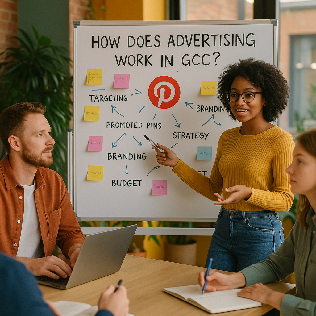 A Pinterest advertising brainstorming session in a vibrant office.
