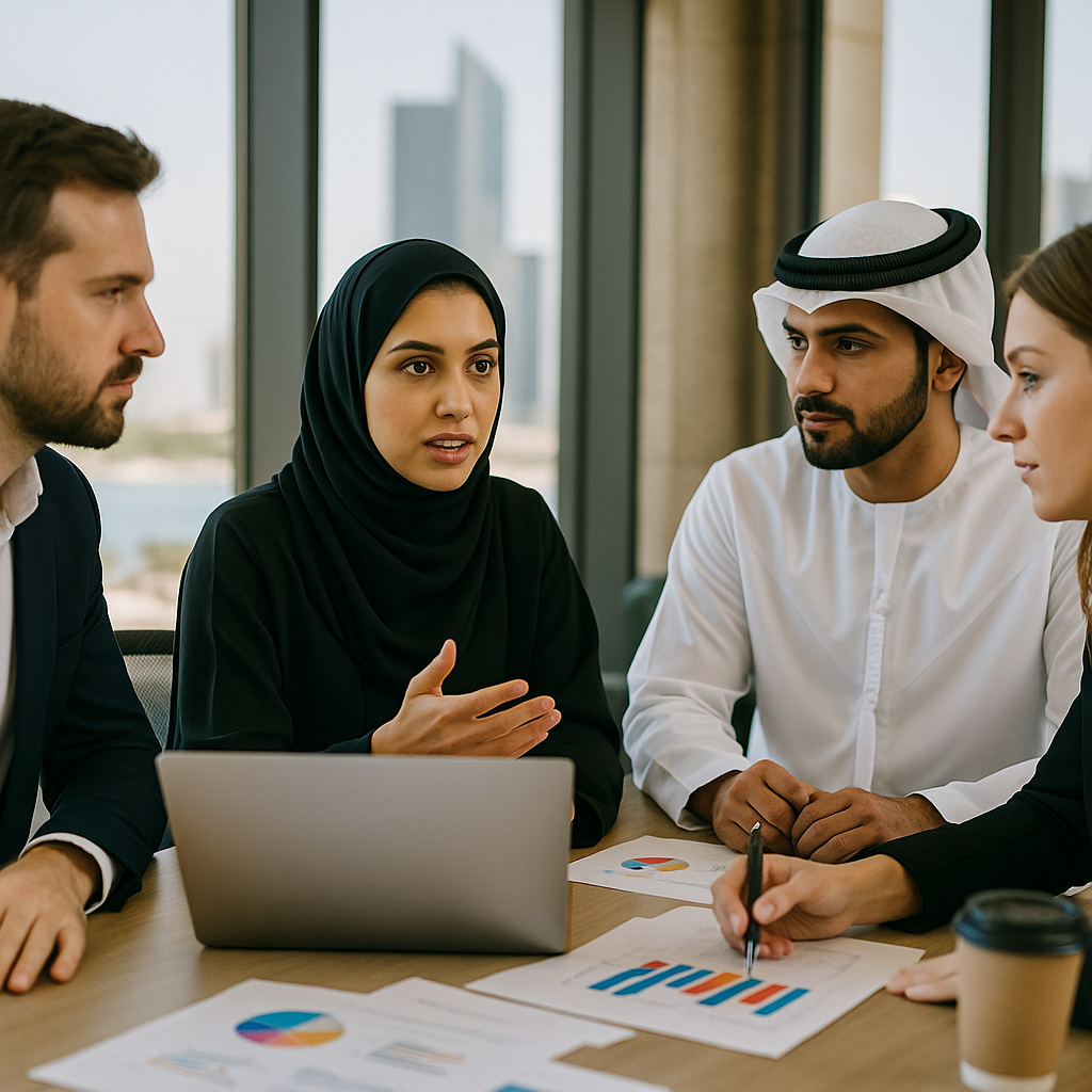 A team of marketing professionals in Abu Dhabi discussing strategies.