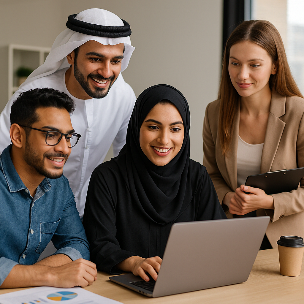 A digital marketing team in Sharjah collaborating on a project.
