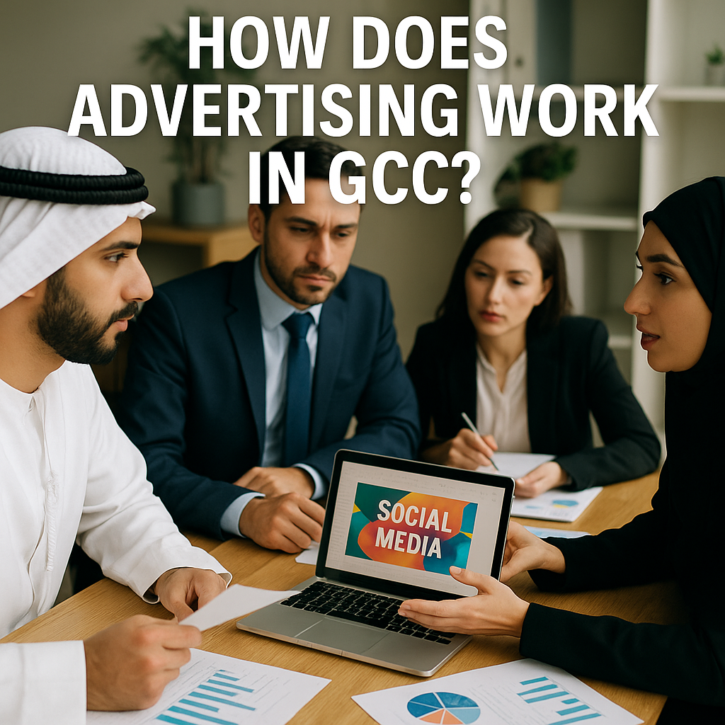 A social media advertising meeting in the GCC with professionals brainstorming.