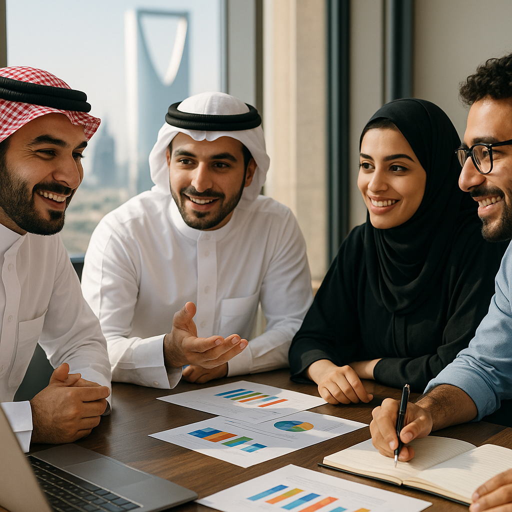 A vibrant marketing team in Riyadh discussing innovative strategies.