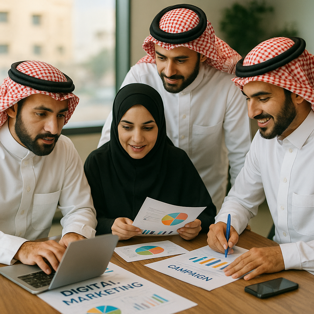 A digital marketing team in Dammam working on campaign strategies.
