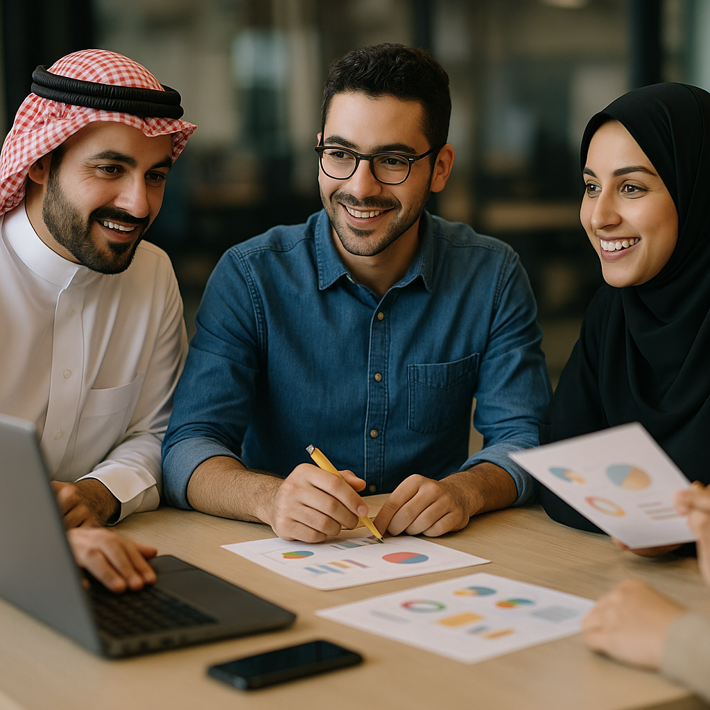 A team of advertising professionals in Bahrain discussing creative campaigns.