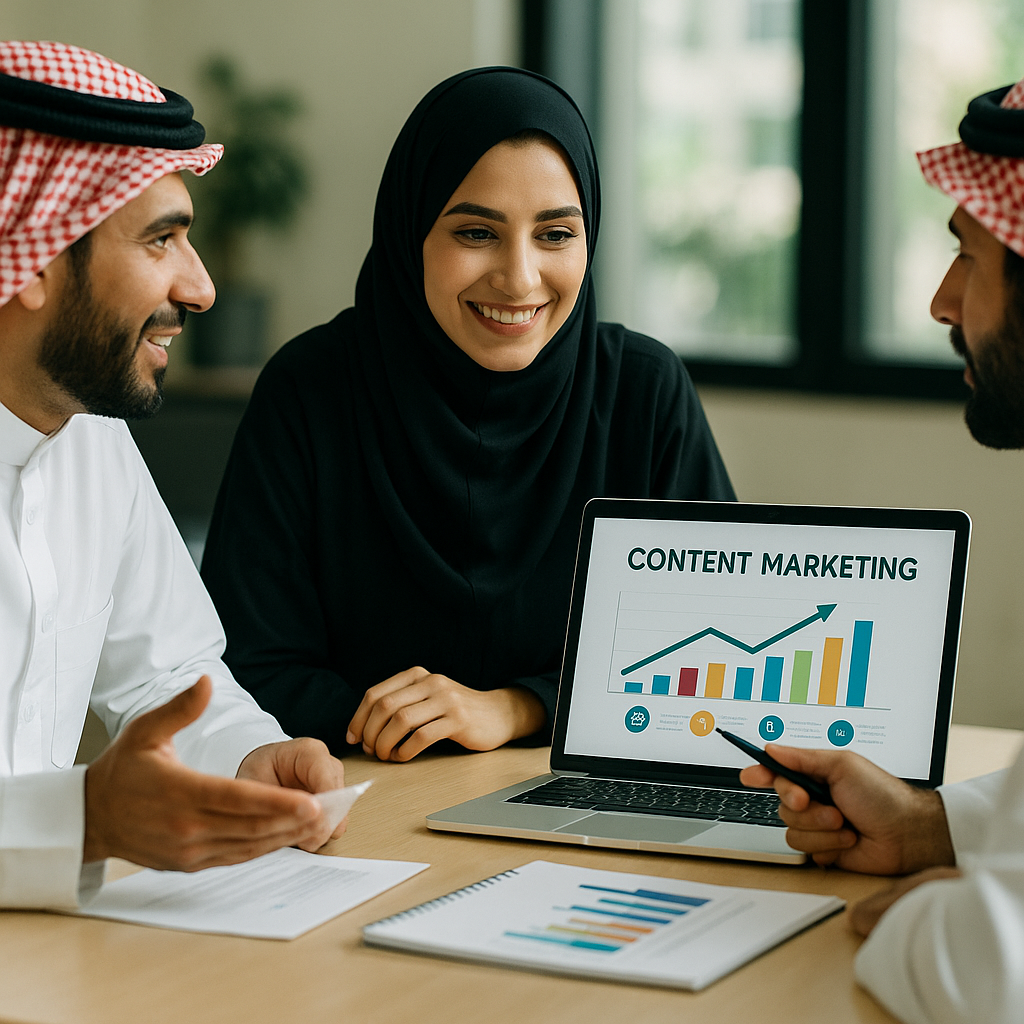 A content marketing team in Jeddah discussing successful strategies.