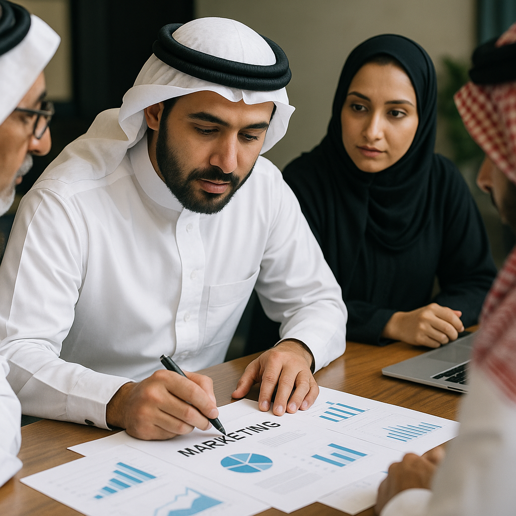 A focused meeting in Dammam discussing marketing strategies.