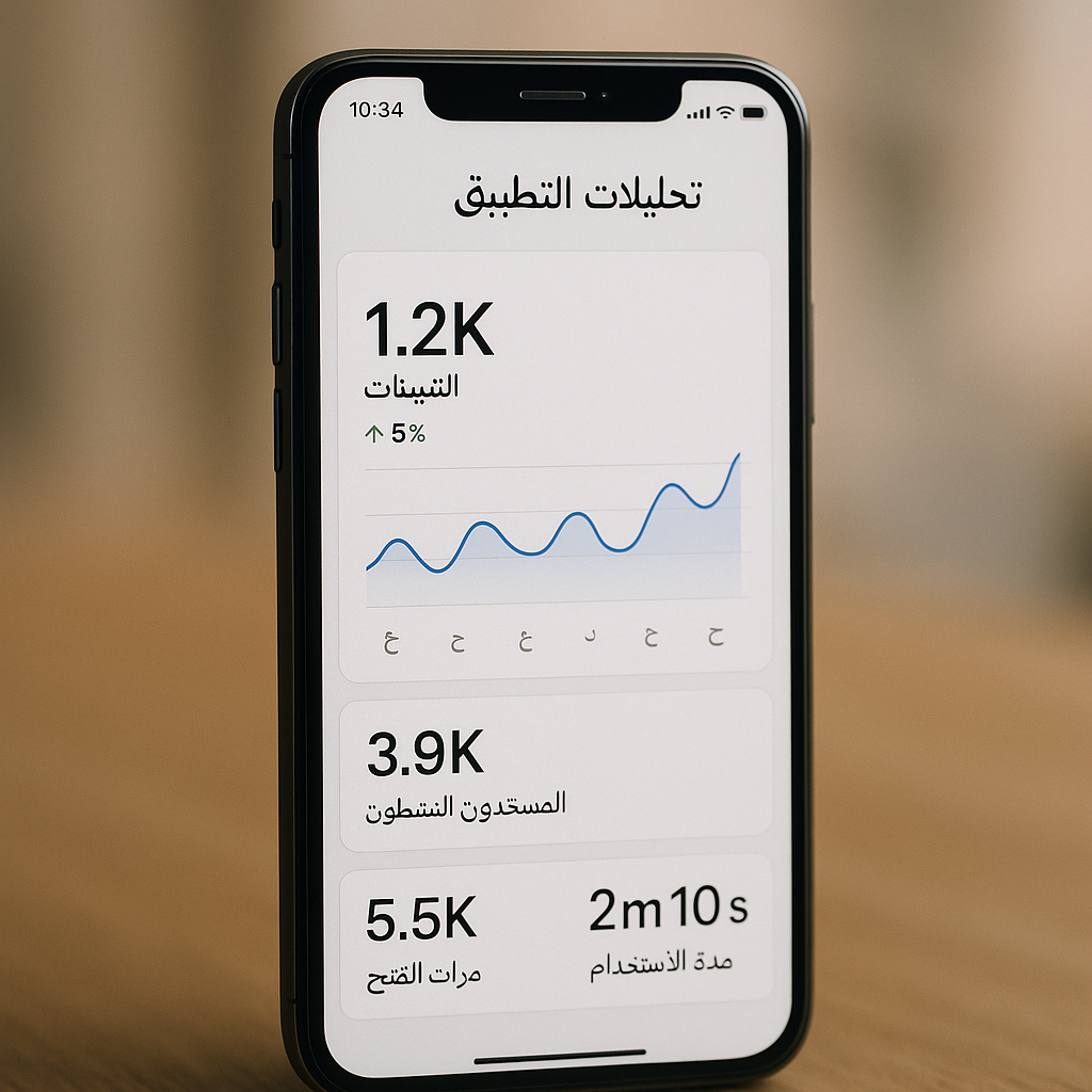 A smartphone displaying app analytics with Arabic UI.