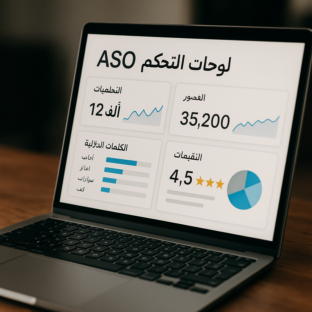 Laptop screen showing ASO dashboards with Arabic text.