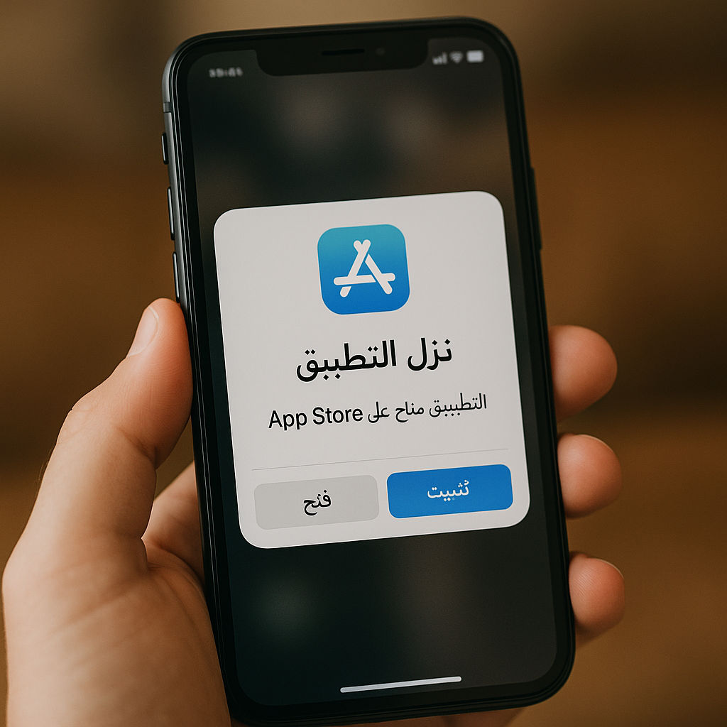 An app download popup in Arabic on a mobile screen.