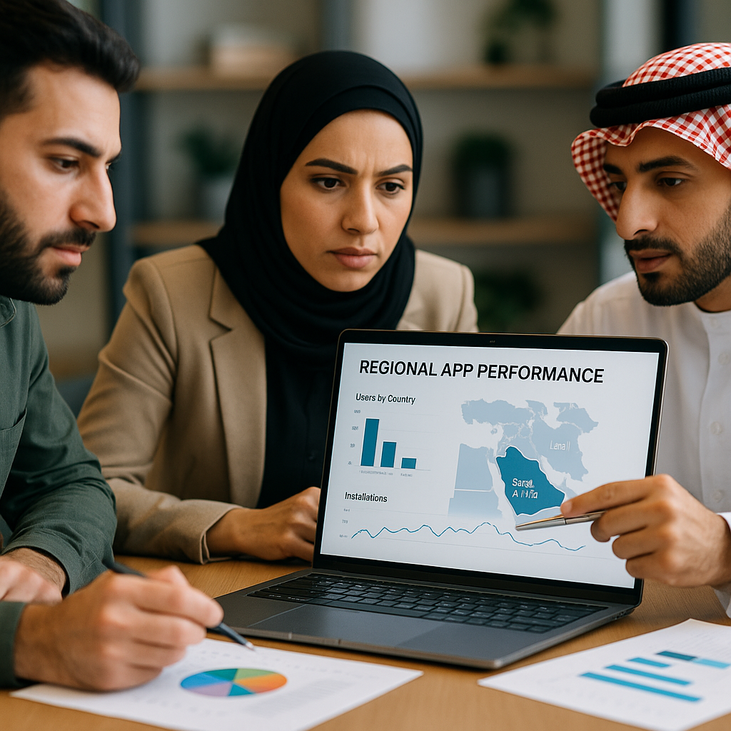 Marketing team analyzing regional app performance.