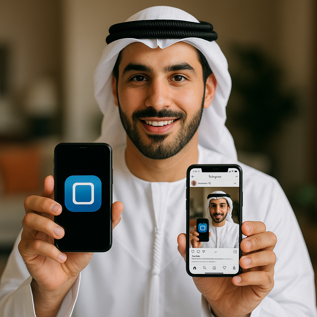 Middle Eastern influencer promoting an app on Instagram.