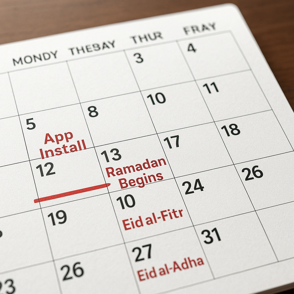 Calendar marked with key MENA holidays and app installs.