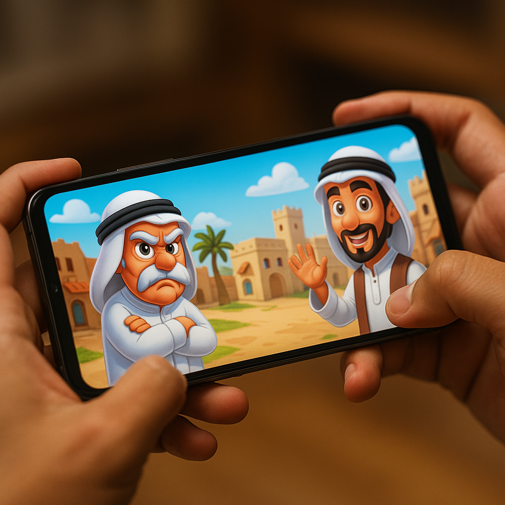 Animated mobile game with Arabic characters.