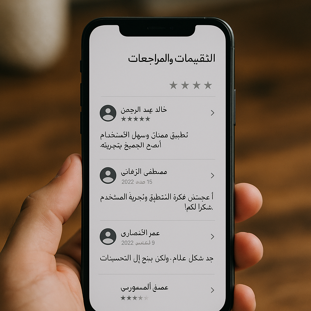 Smartphone with user reviews in Arabic for an app.