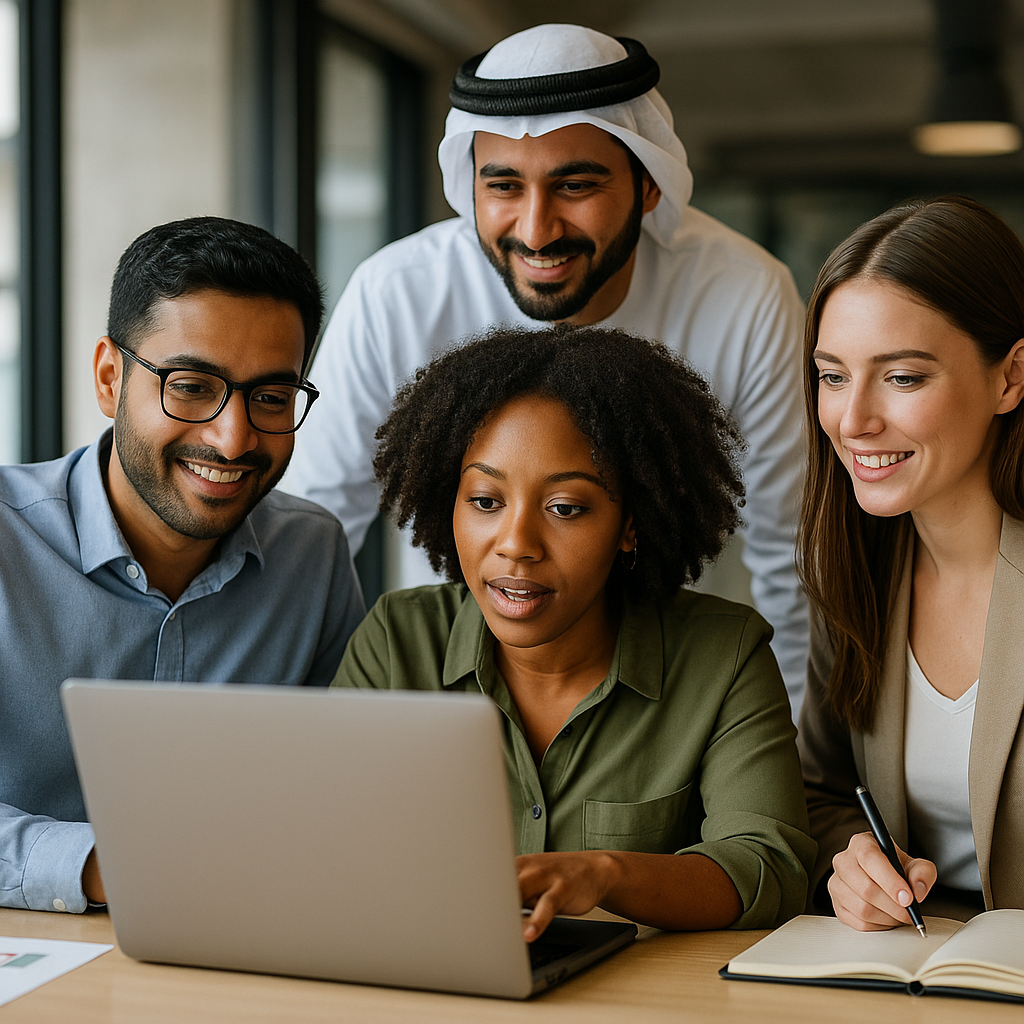 A diverse group of digital marketing professionals collaborating on a project.
