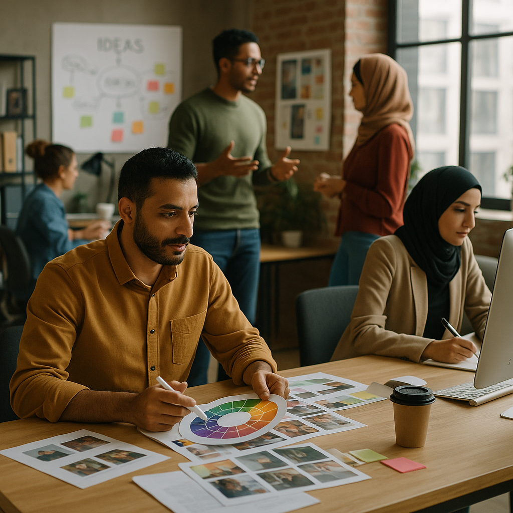 A bustling advertising agency in the GCC region with creative teams at work.