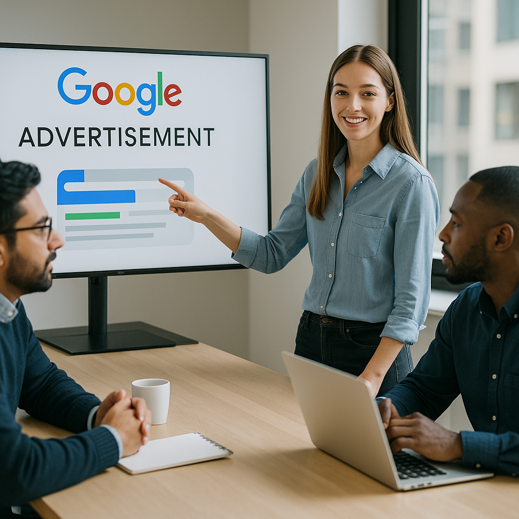 A Google advertising campaign meeting in a modern office setting.