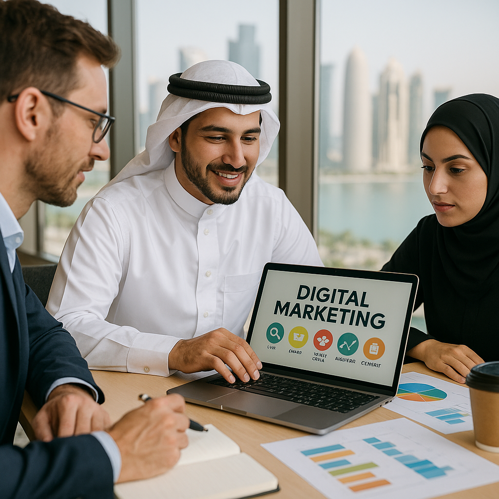 A digital marketing team working on a project in Qatar.
