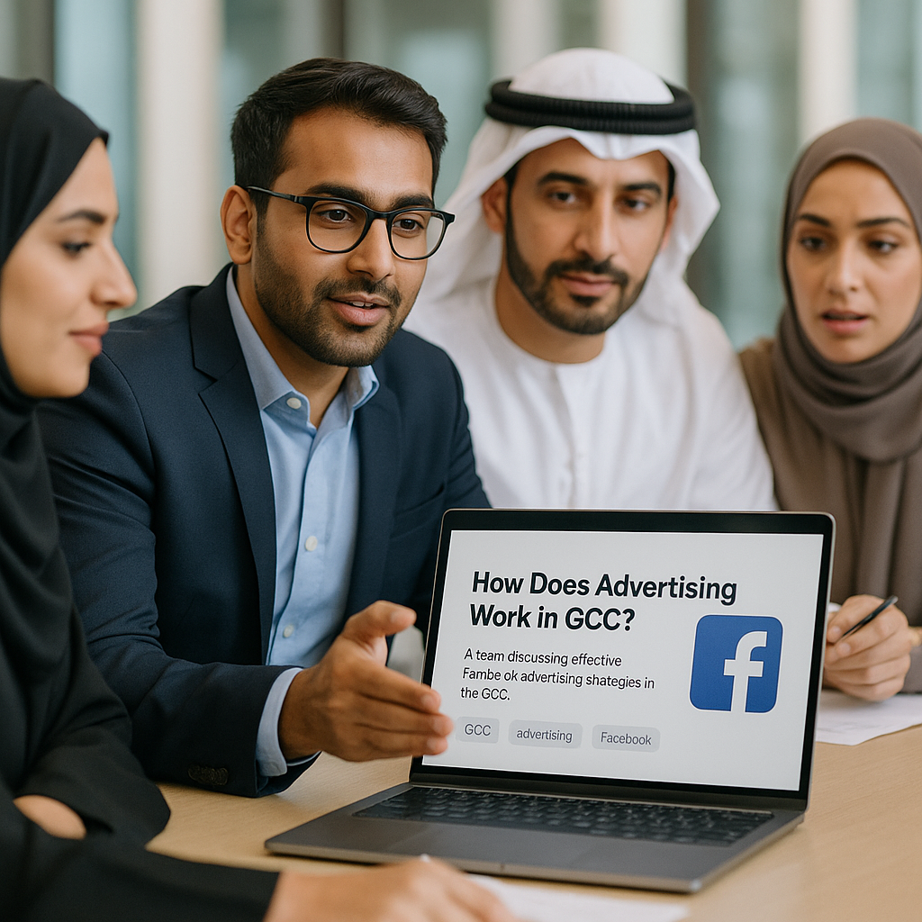 A team discussing effective Facebook advertising strategies in the GCC.