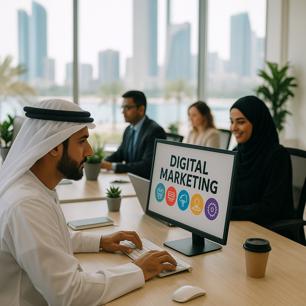 A digital marketing office in Abu Dhabi showcasing professionals at work.
