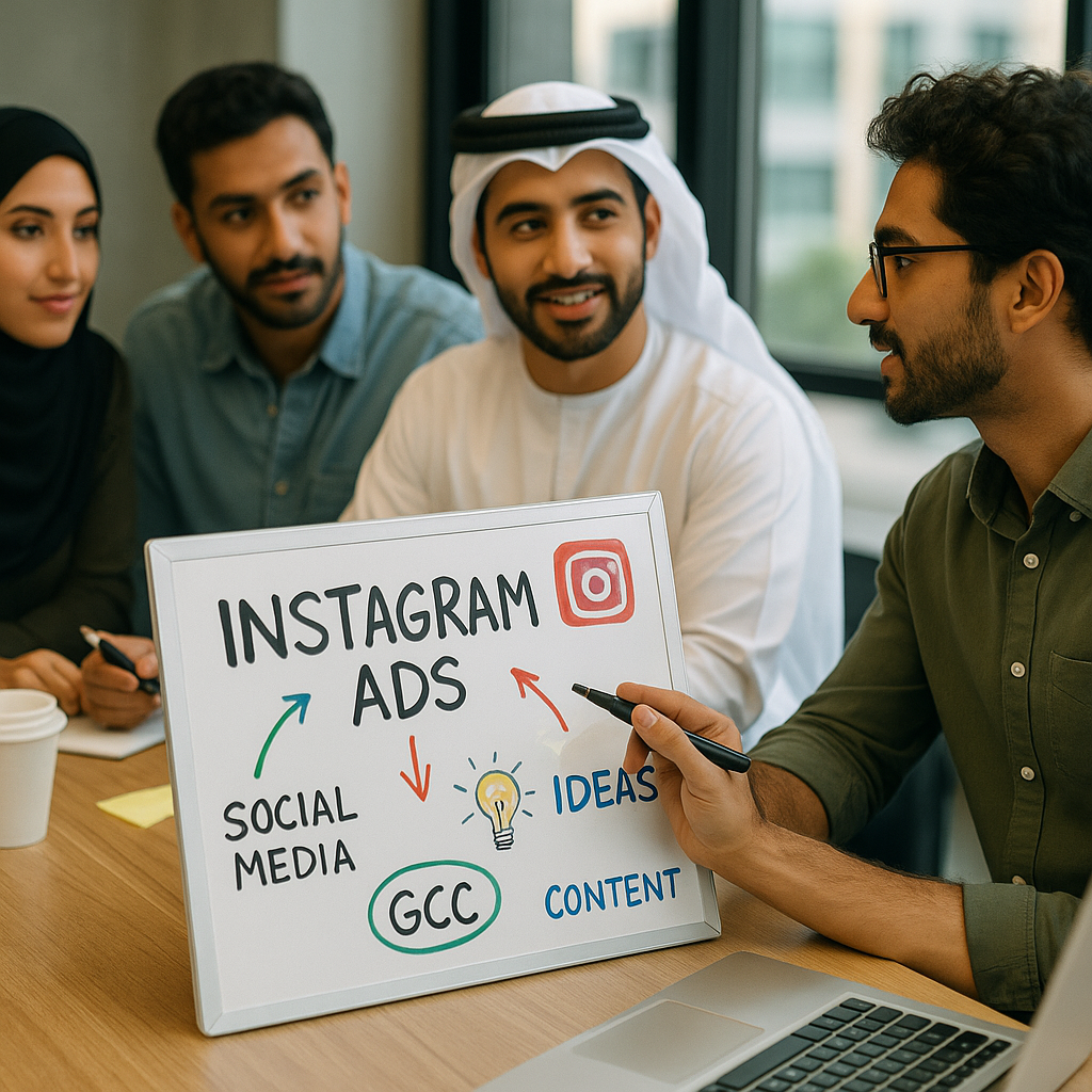 A creative team brainstorming Instagram advertising ideas in the GCC.