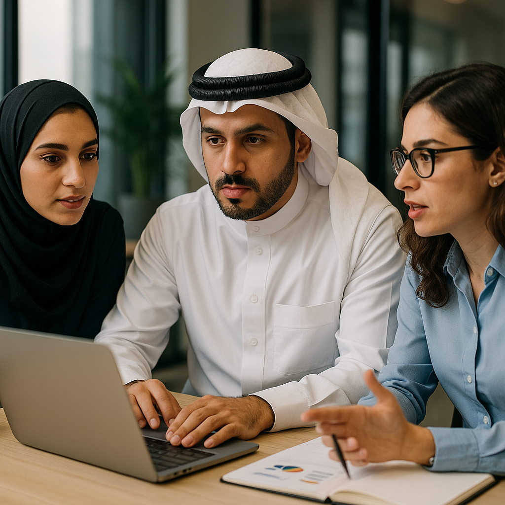 A focused digital marketing team in Bahrain discussing strategies.