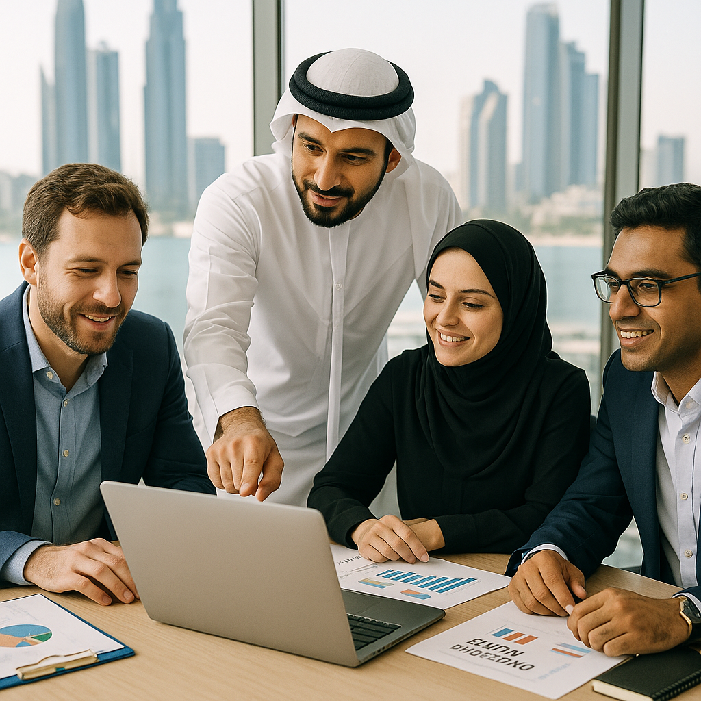 A team of marketing professionals collaborating in Abu Dhabi.