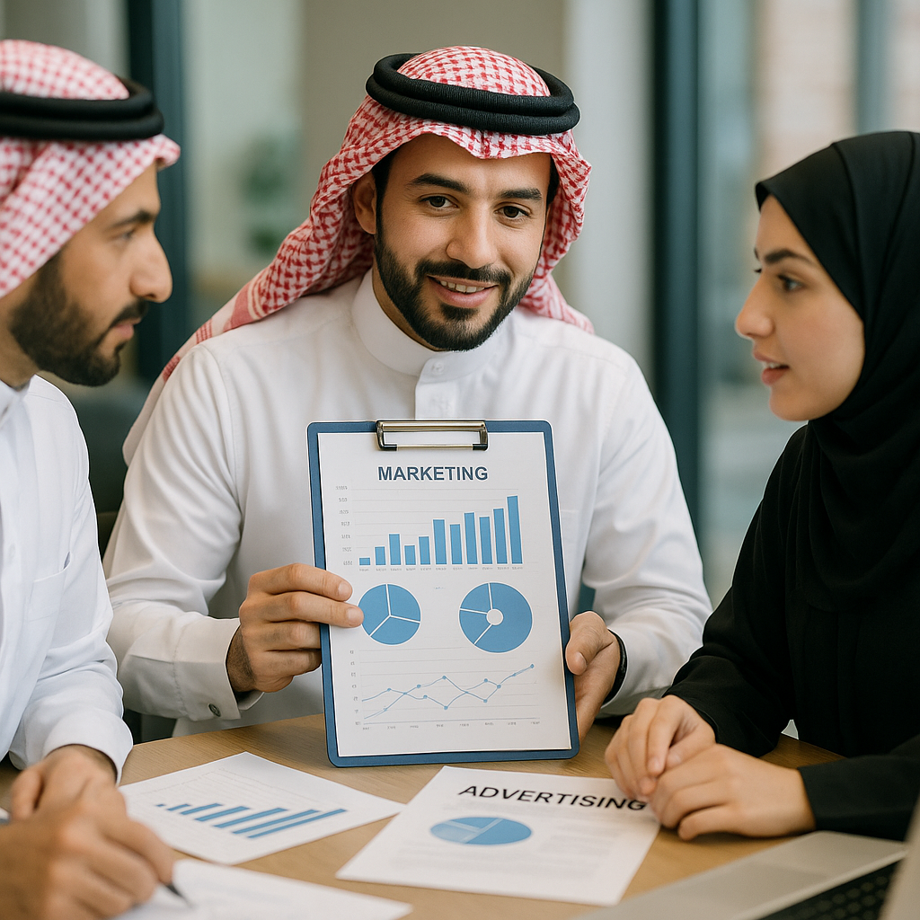 A marketing meeting discussing advertising strategies in Saudi Arabia.
