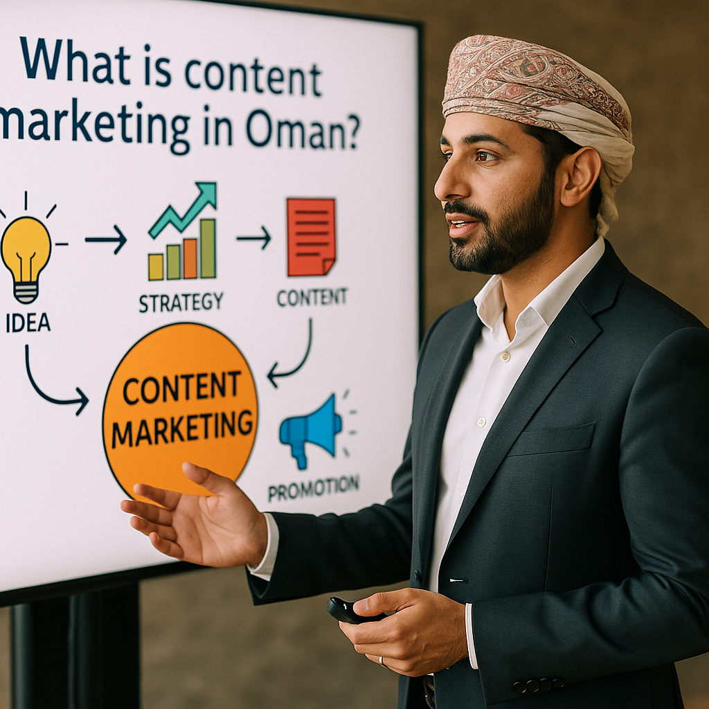 A content marketing expert presenting strategies in Oman.