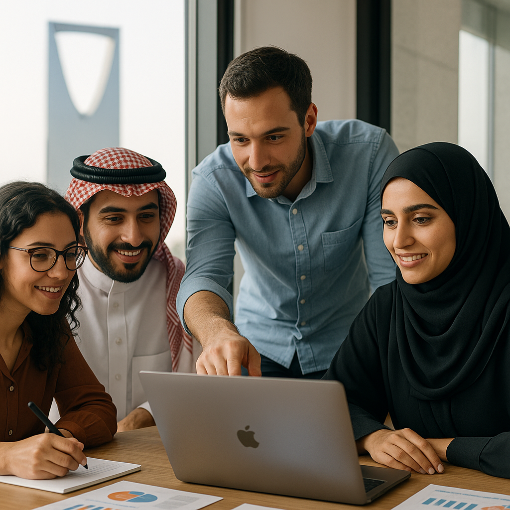 A digital marketing team collaborating in Riyadh on a project.